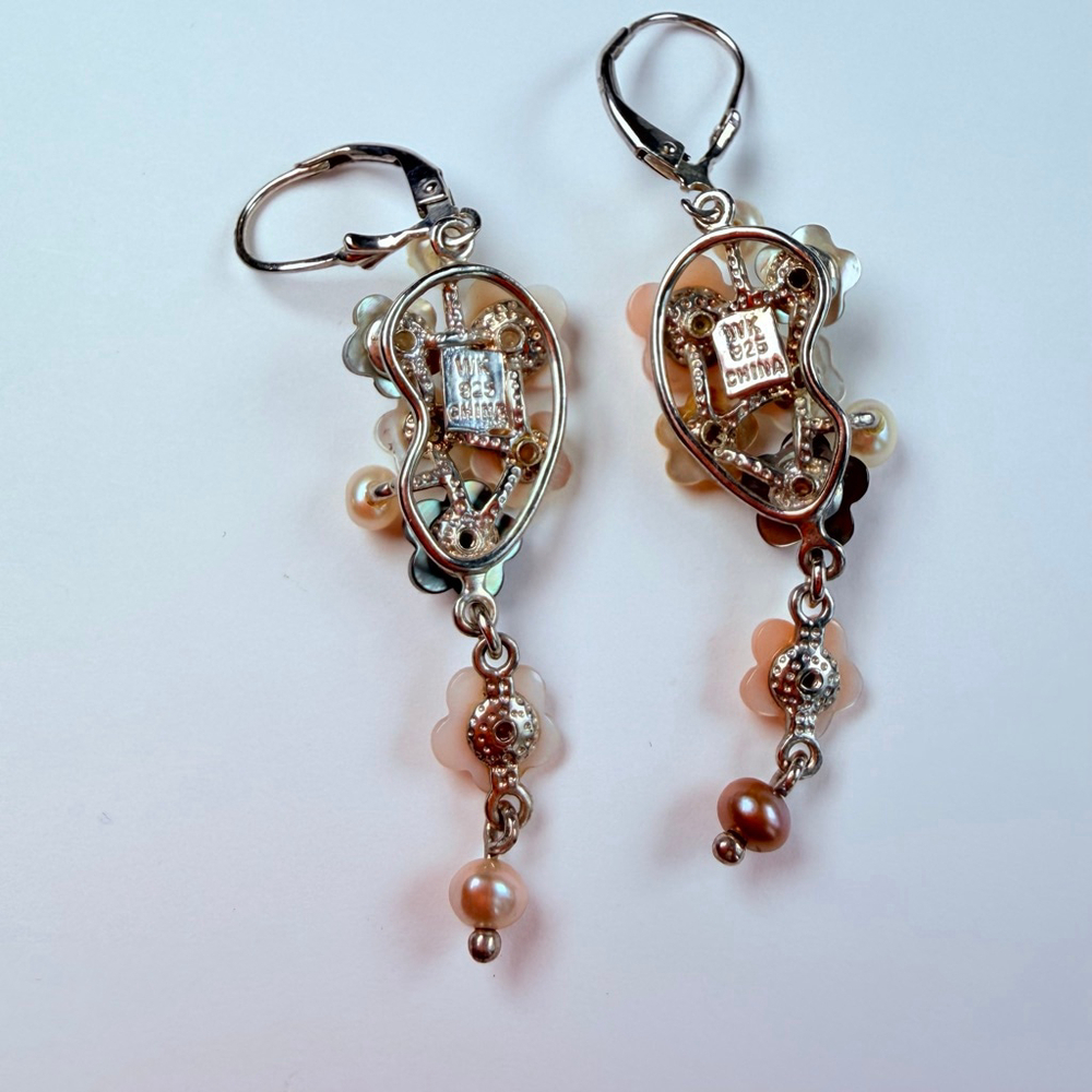 🎉Sold🎉 Whitney Kelly MOP Pearl Mosaic Flower Sterling Silv Dangle Drop Earrings - Picture 5 of 9
